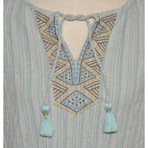 J. Jill Ladies Blue Striped Pullover Blouse XL Embroidered Tassels V-Neck Tunic - Picture 3 of 9
